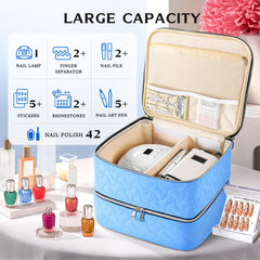 DreamGenius Nail Polish Organizer Case open upper layer with adjustable dividers fits varied nail lamp sizes.