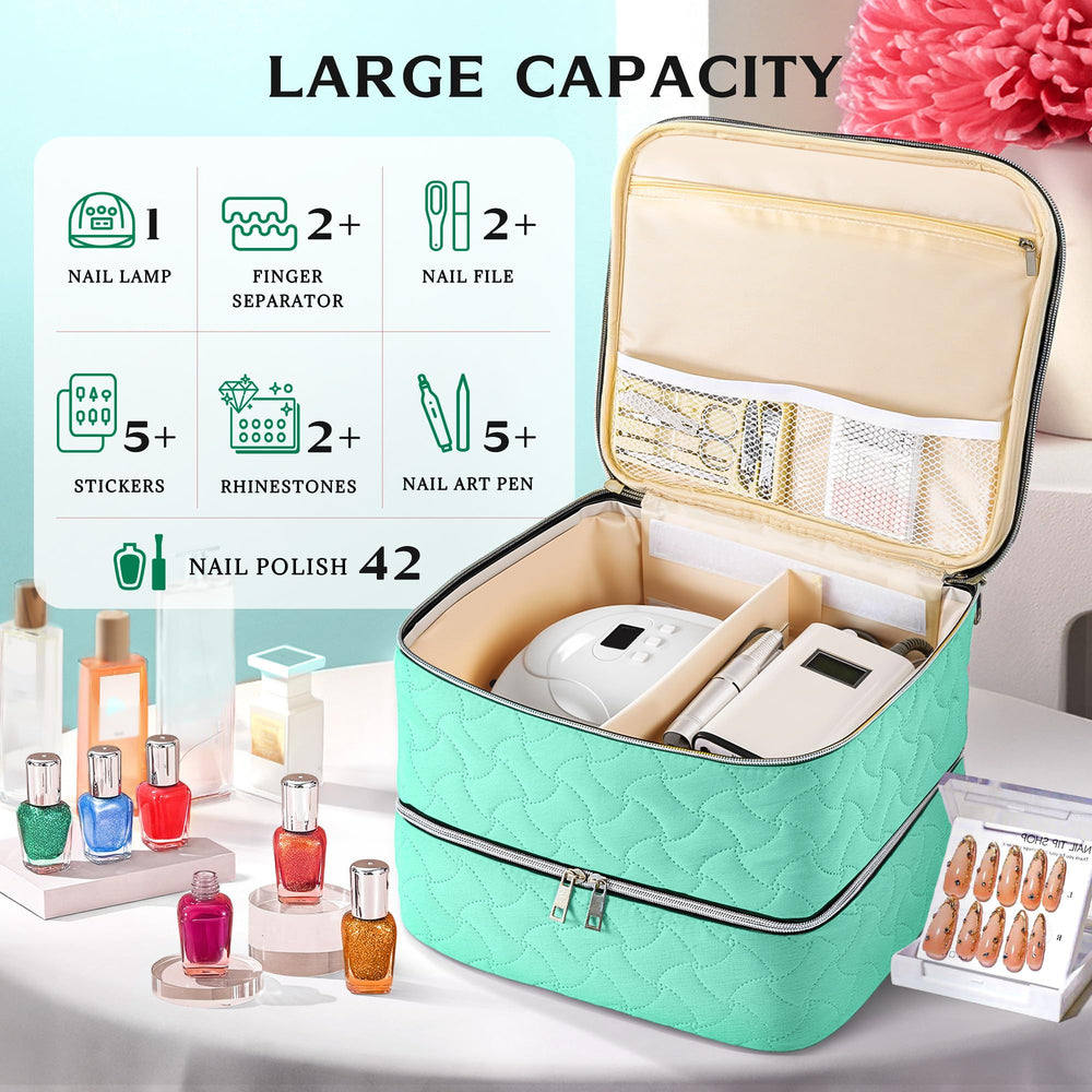 DreamGenius Nail Polish Organizer Case upper layer open view with adjustable dividers.