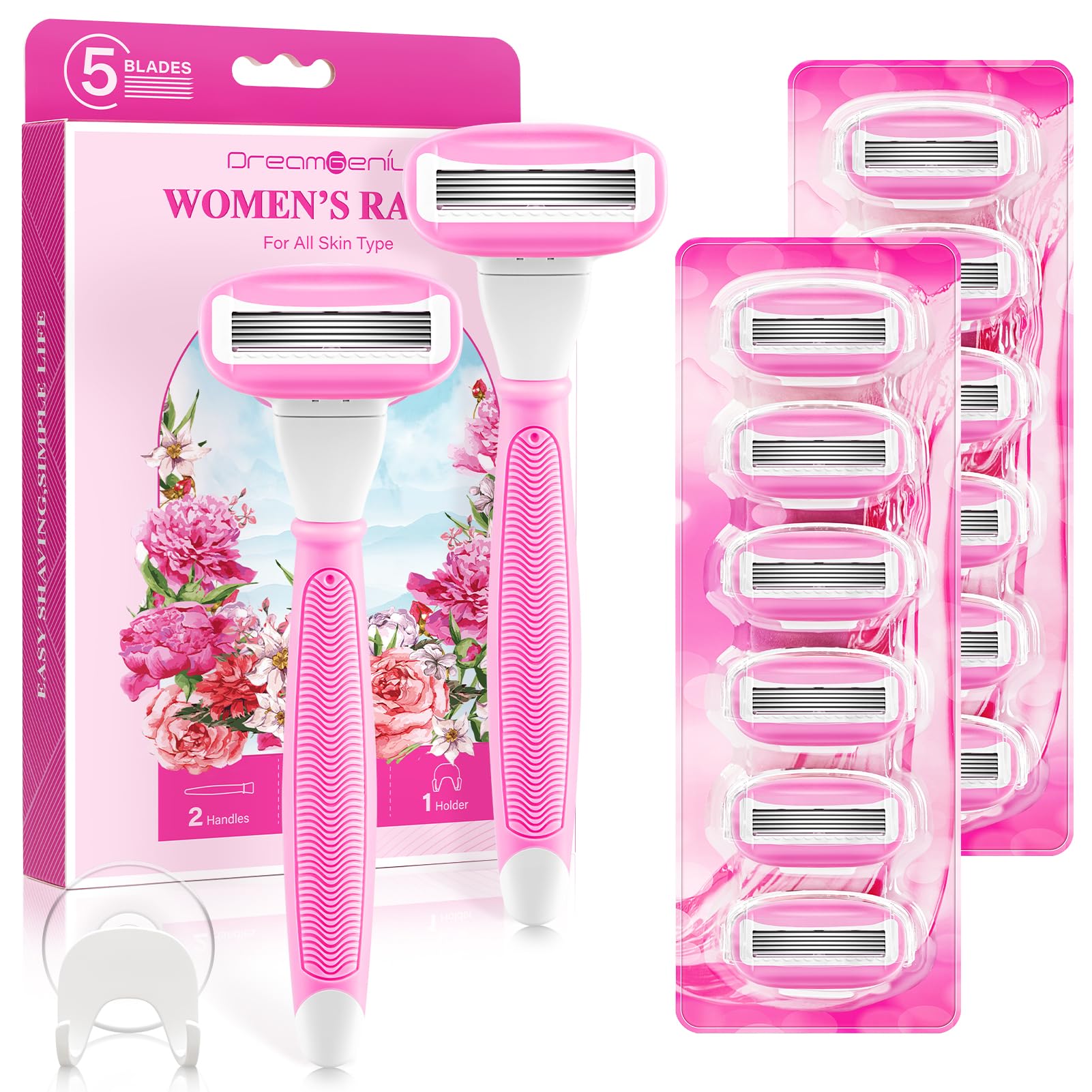 DreamGenius pink razor with two non-slip handles for secure, comfortable shaving.