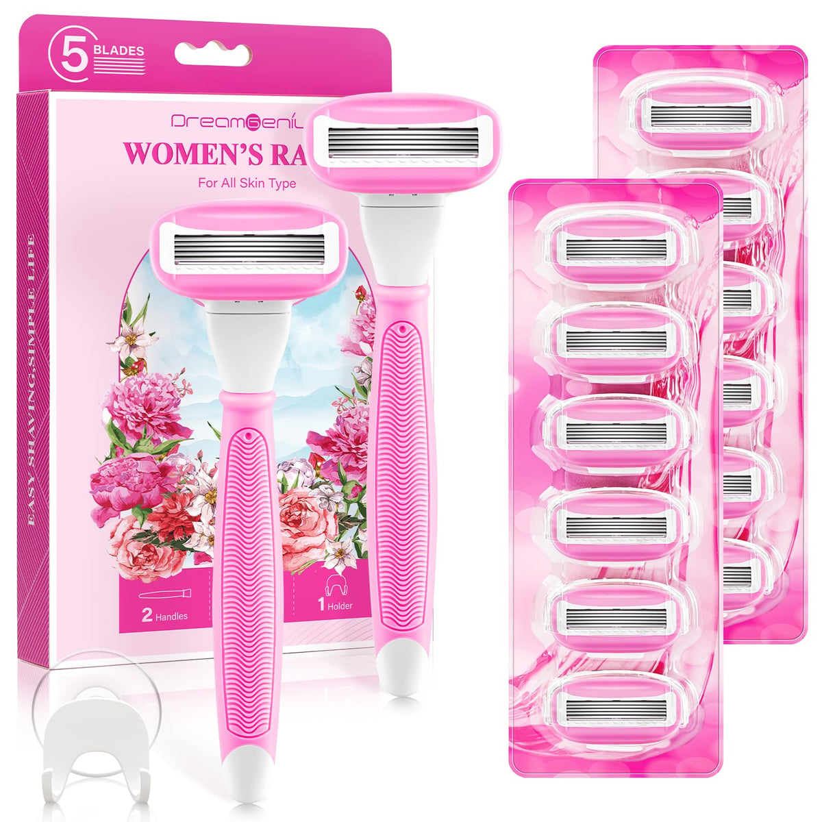 DreamGenius pink razor with two non-slip handles for secure, comfortable shaving.