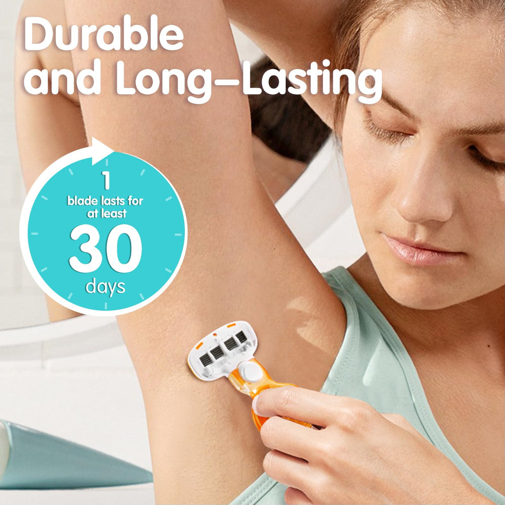 DreamGenius travel-razor-easy-replace shows quick blade head removal for fast changes.