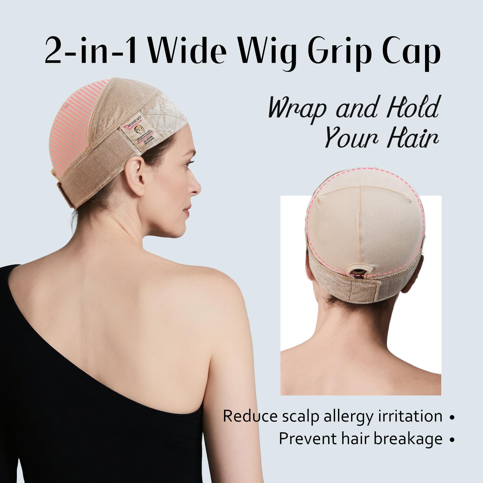 Dreamlover wide wig grip cap extended strap close-up shows adjustable fit for most head sizes