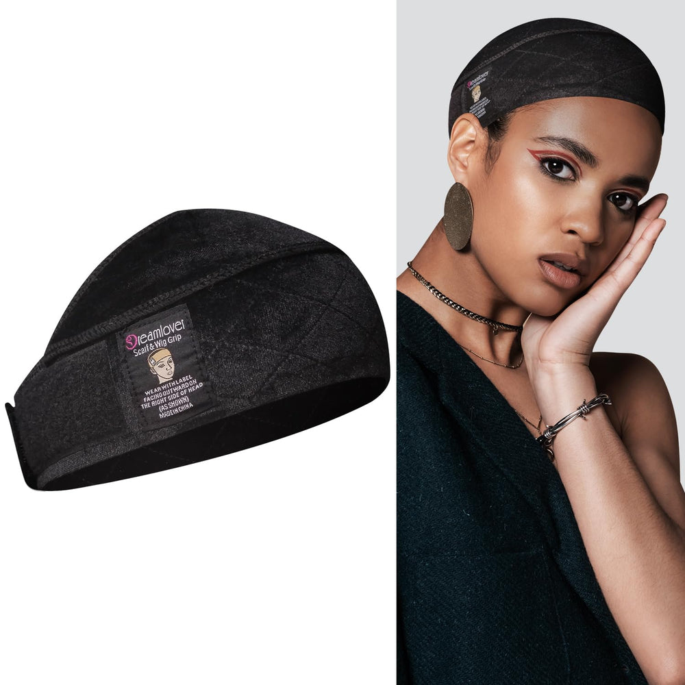 Dreamlover wig grip band demonstrates lace-front coverage for a secure fit