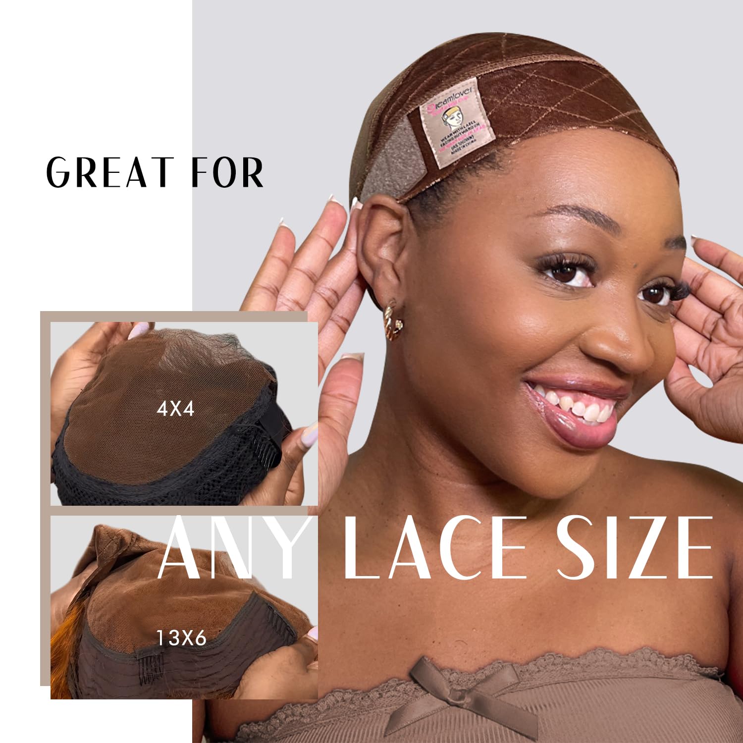 Dreamlover wig grip band worn on head with lace-front wig demonstration for lace-front security