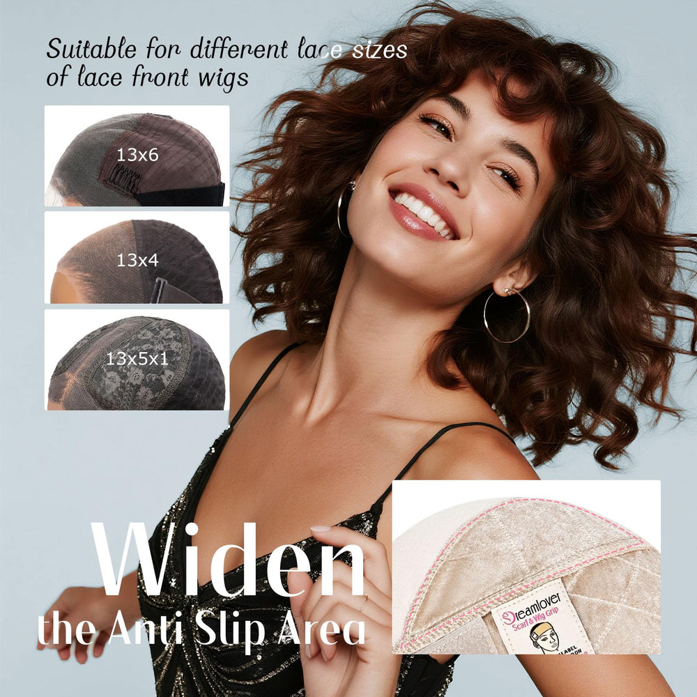 Dreamlover wig grip cap velvet band close-up highlights non-slip grip and gentle fabric for sensitive scalps