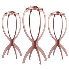 Dreamlover wig head stand rose gold 3-pack supports wigs and travel-ready storage.