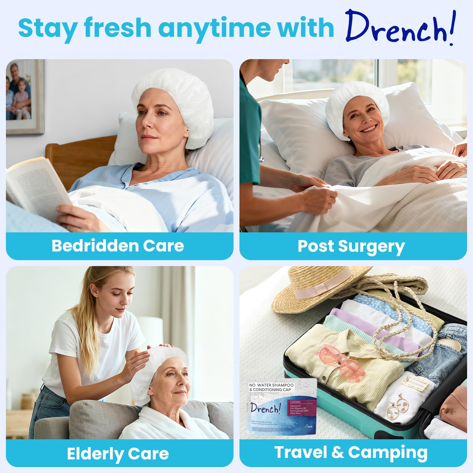 Drench Shampoo Caps No Rinse with Aloe Vera formula for gentle care.