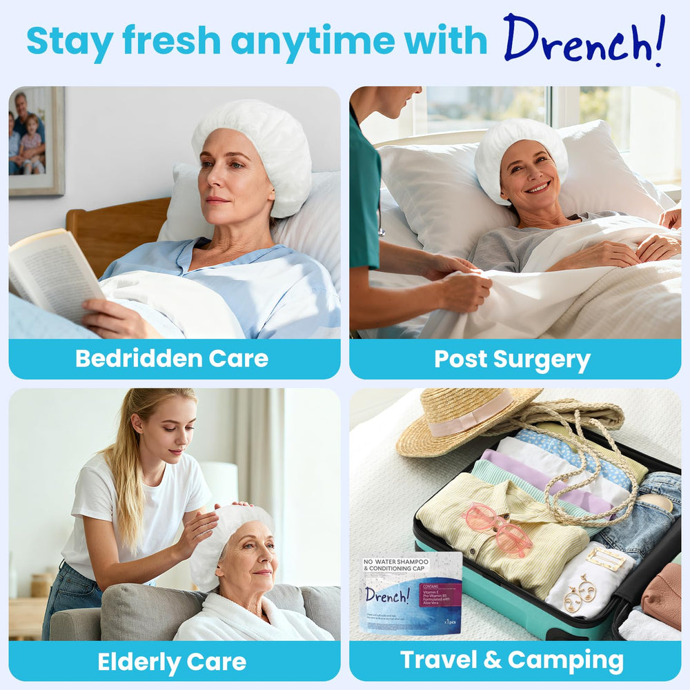 Drench Shampoo Caps No Rinse with Aloe Vera formula for gentle care.