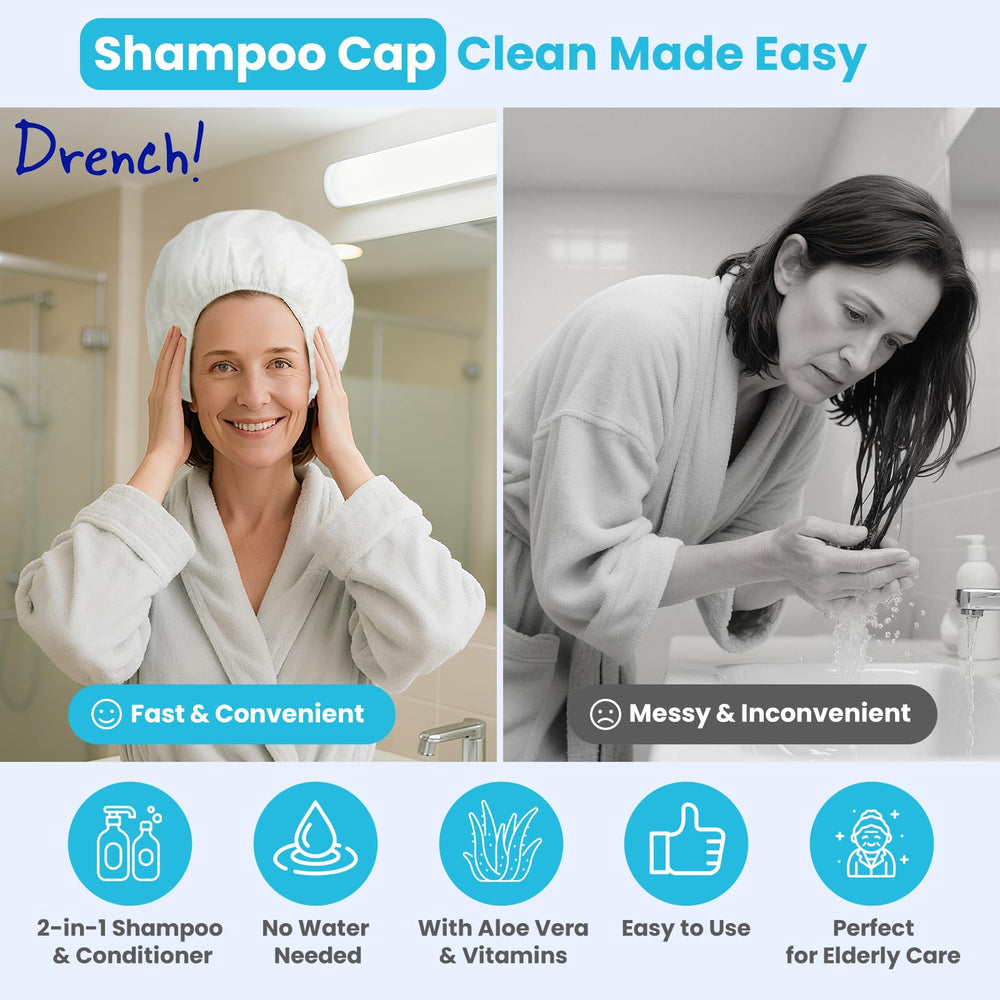 Drench Shampoo Caps No Rinse being applied by hand for a quick cleanse.