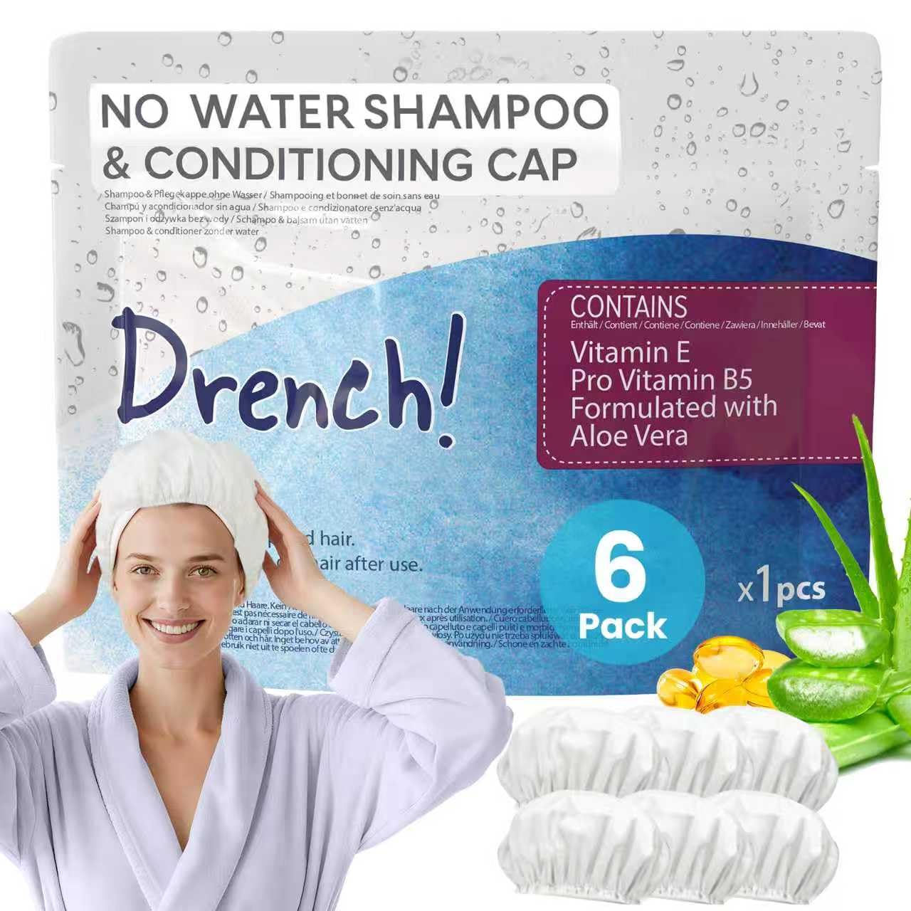Drench Shampoo Caps No Rinse packaging shown for bedside care.