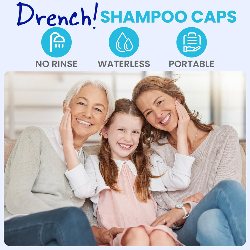 Drench Shampoo Caps No Rinse with Provitamin B5 and Vitamin E for conditioning.