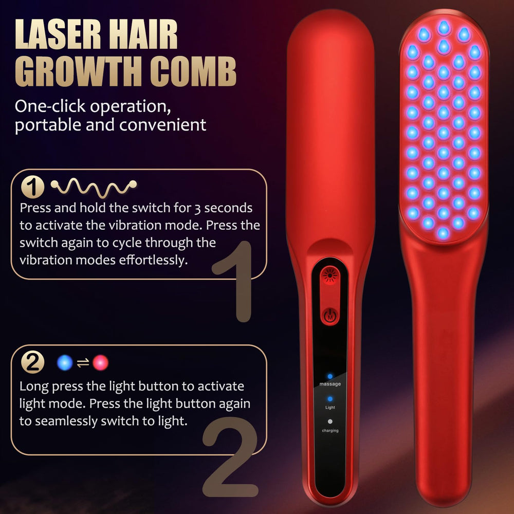 DREWALA Laser Hair Growth Comb angled-detail highlighting bristles and red light integration.
