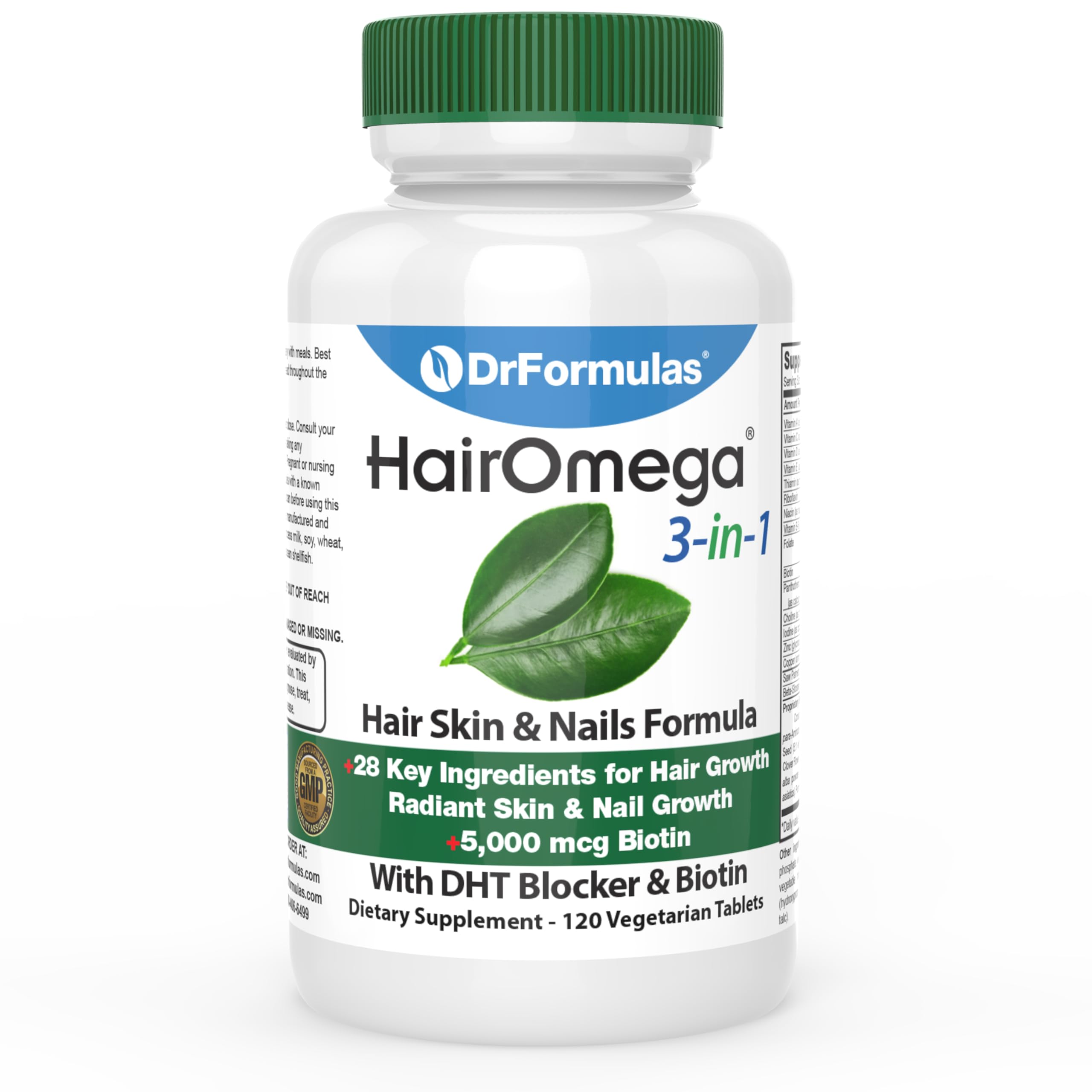 DrFormulas HairOmega bottle highlighting 3-in-1 formula for healthier hair and nails.