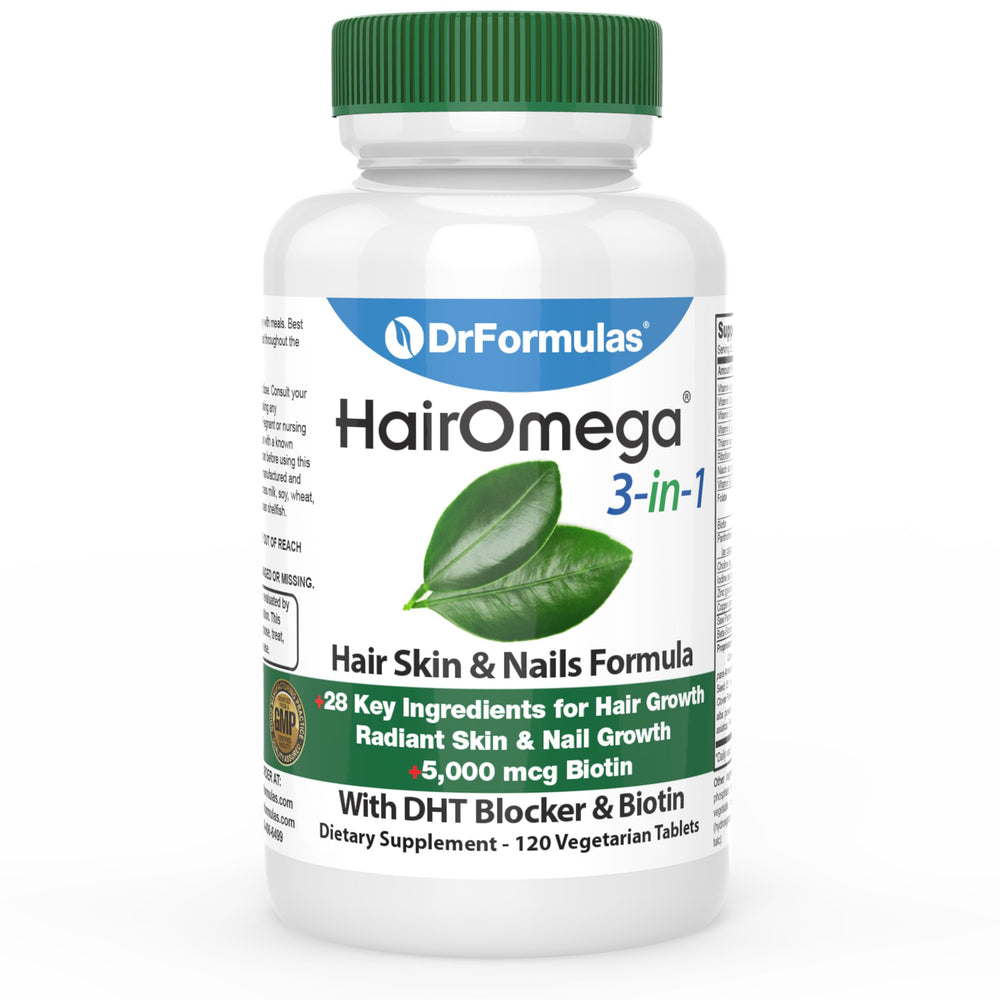 DrFormulas HairOmega bottle highlighting 3-in-1 formula for healthier hair and nails.