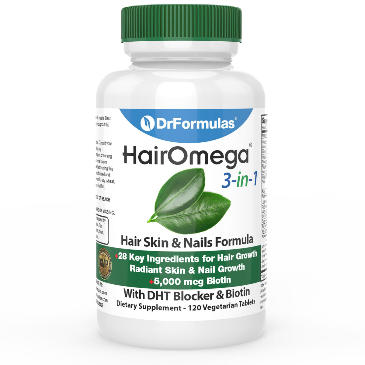 DrFormulas HairOmega bottle highlighting 3-in-1 formula for healthier hair and nails.