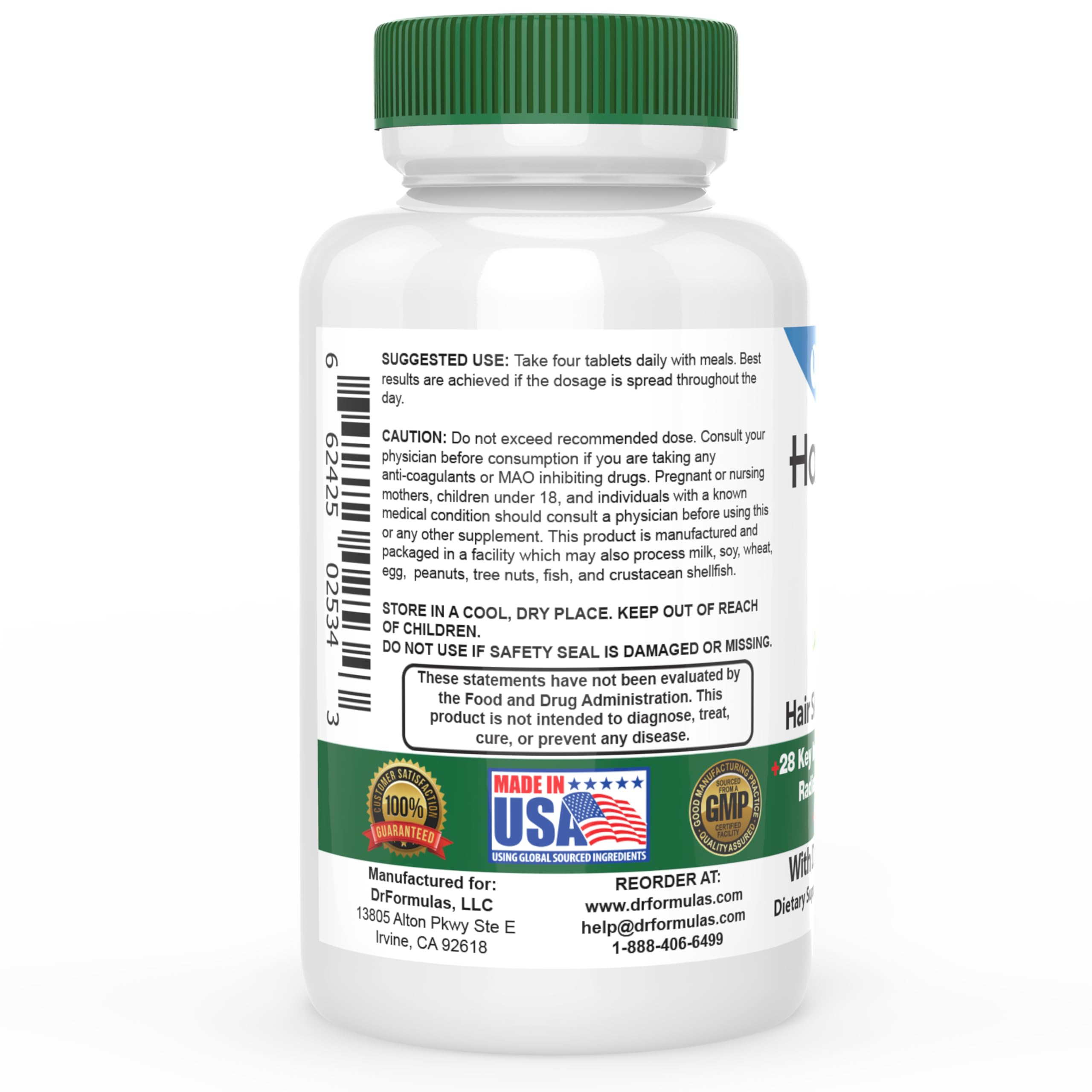DrFormulas HairOmega label visible highlighting USA-made quality for trusted daily use.