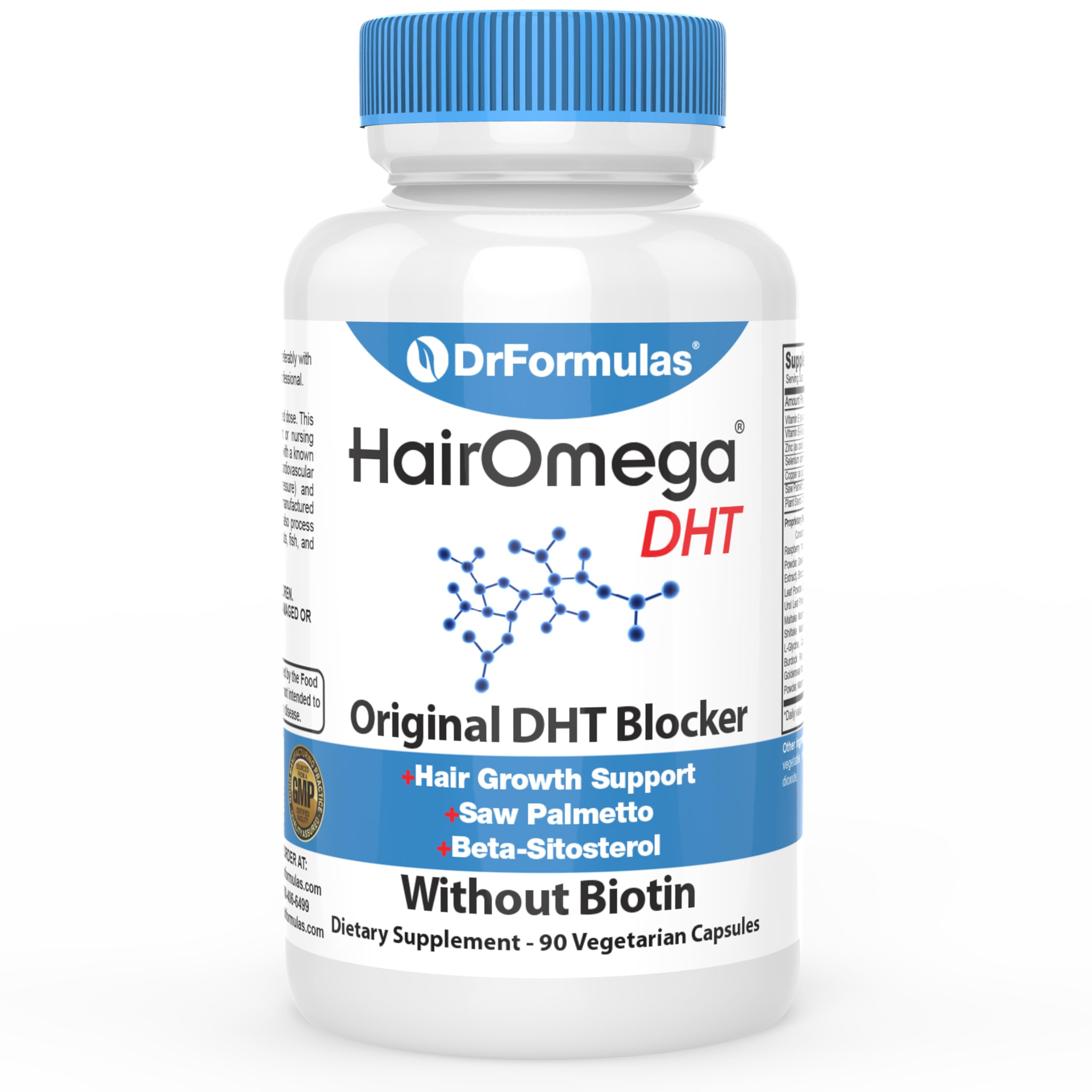 DrFormulas HairOmega Original DHT Blocker bottle shows label and 90 capsules for daily hair support