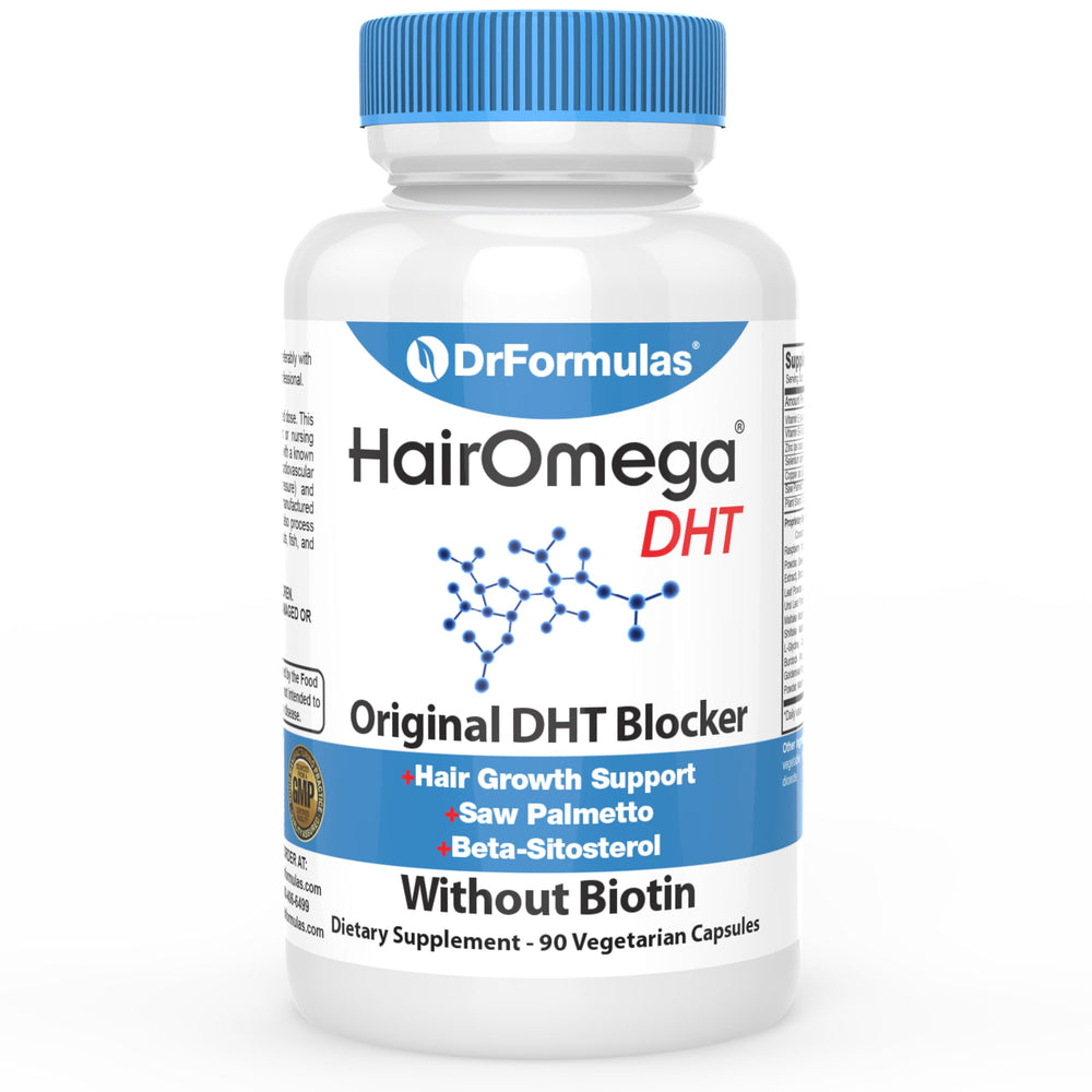 DrFormulas HairOmega Original DHT Blocker bottle shows label and 90 capsules for daily hair support