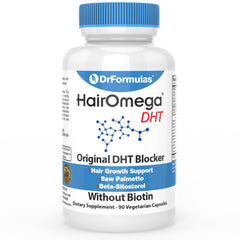 DrFormulas HairOmega Original DHT Blocker bottle shows label and 90 capsules for daily hair support