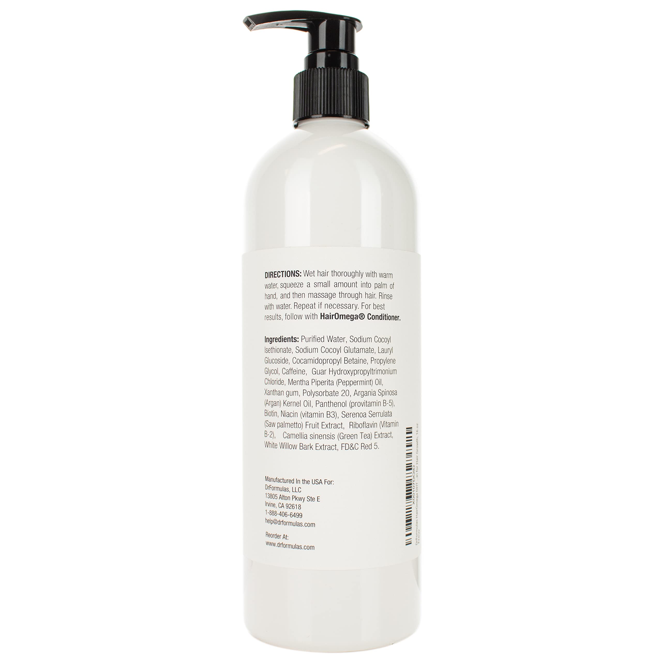 DrFormulas HairOmega ingredients close-up showing biotin and caffeine for scalp nourishment