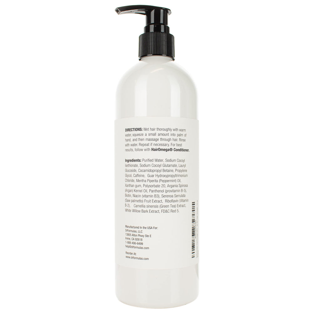 DrFormulas HairOmega ingredients close-up showing biotin and caffeine for scalp nourishment