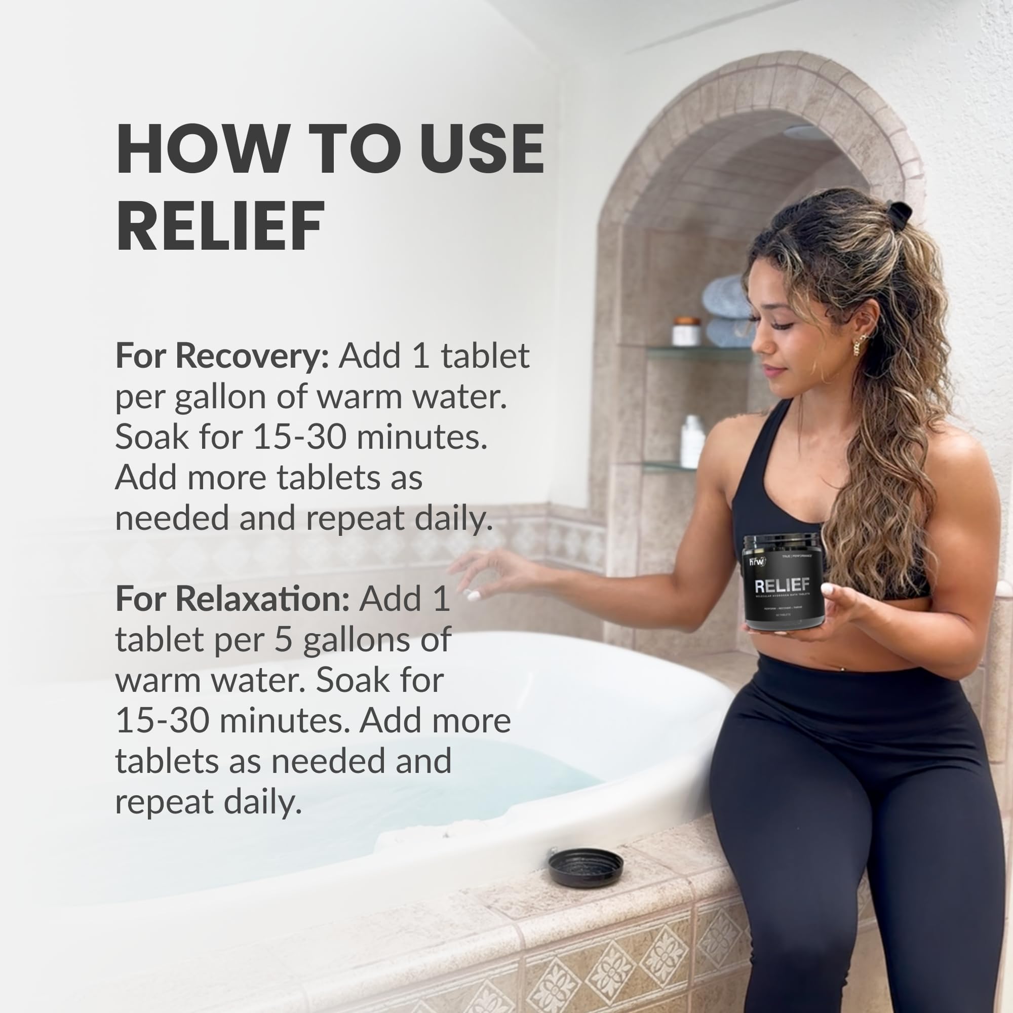 Warm bath ambience with RELIEF for relaxed muscles and calmer mind.