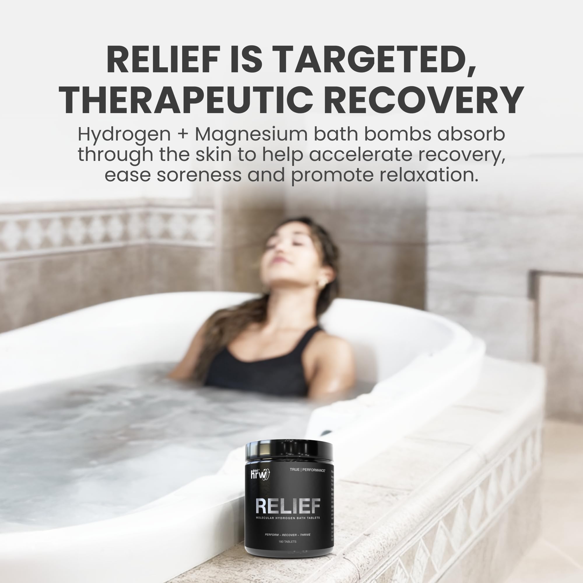 RELIEF tablet activation in tub highlights fast-acting recovery potential.
