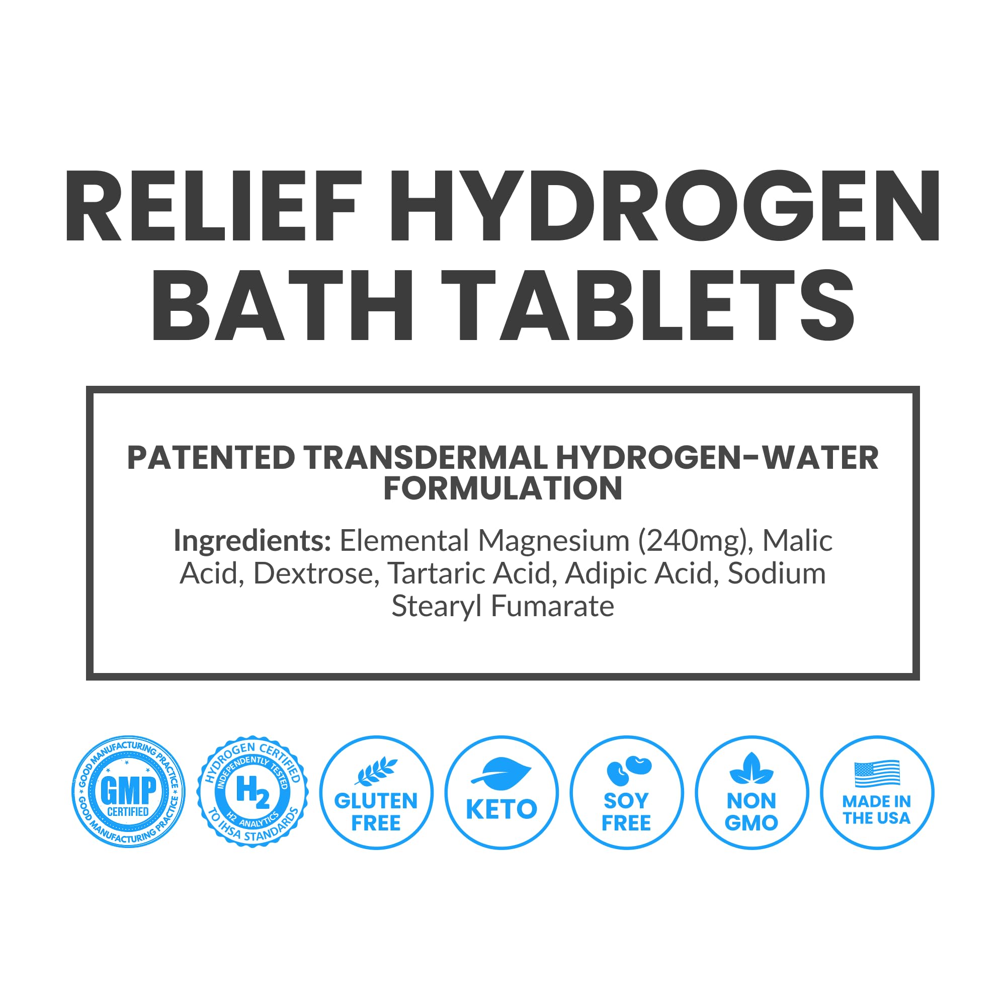 RELIEF bath tablet dissolving in water releasing hydrogen for soothing relaxation.