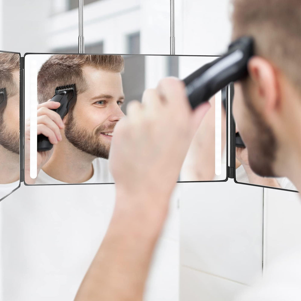 Dripex 360-degree tri-fold mirror, side-angle shot ideal for haircuts.