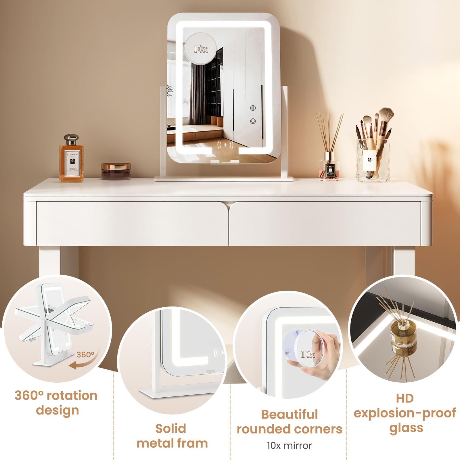 Dripex 360-degree rotating vanity mirror capturing flexible makeup angles.