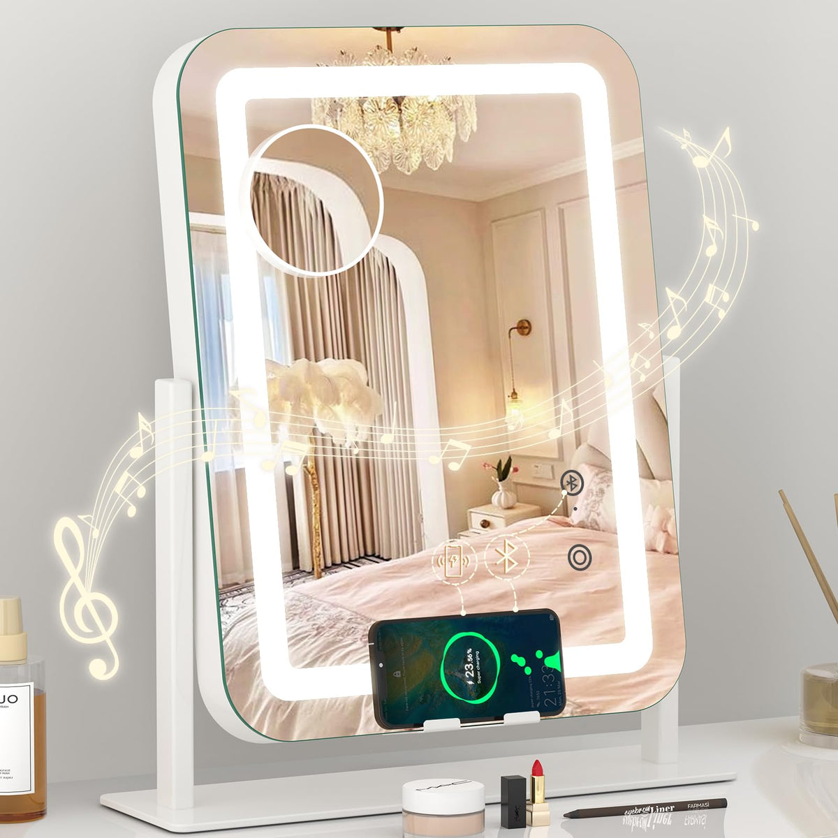 Dripex makeup mirror vanity setup with integrated lights for efficient beauty routines.