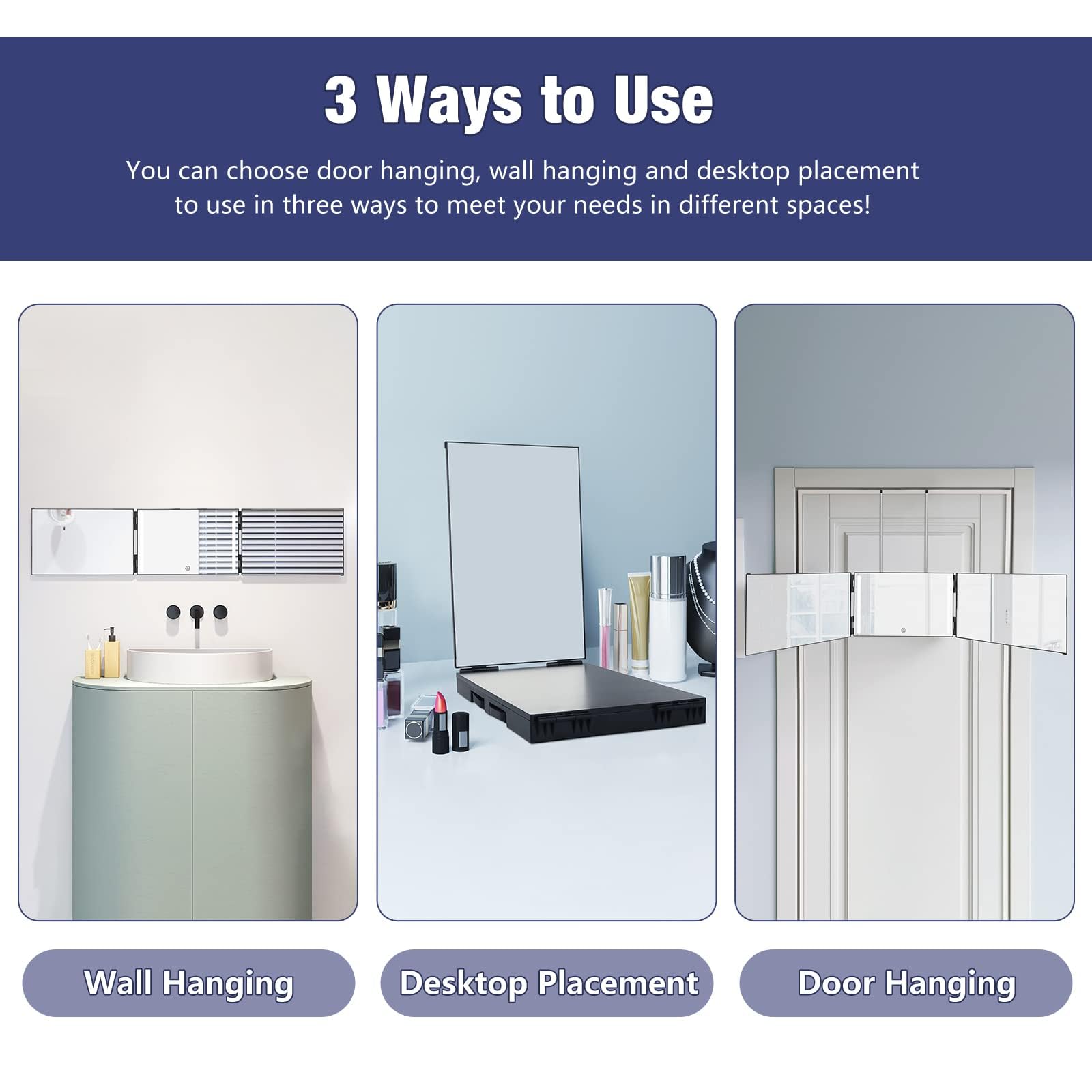 Dripex versatile wall-desk mount tri-fold mirror, flexible setup for any space.