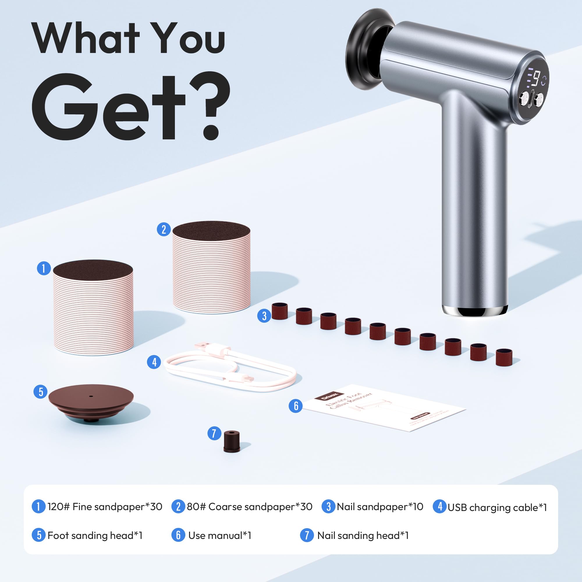 Drivox grey-blue device fits bathroom routines and on-the-go care.