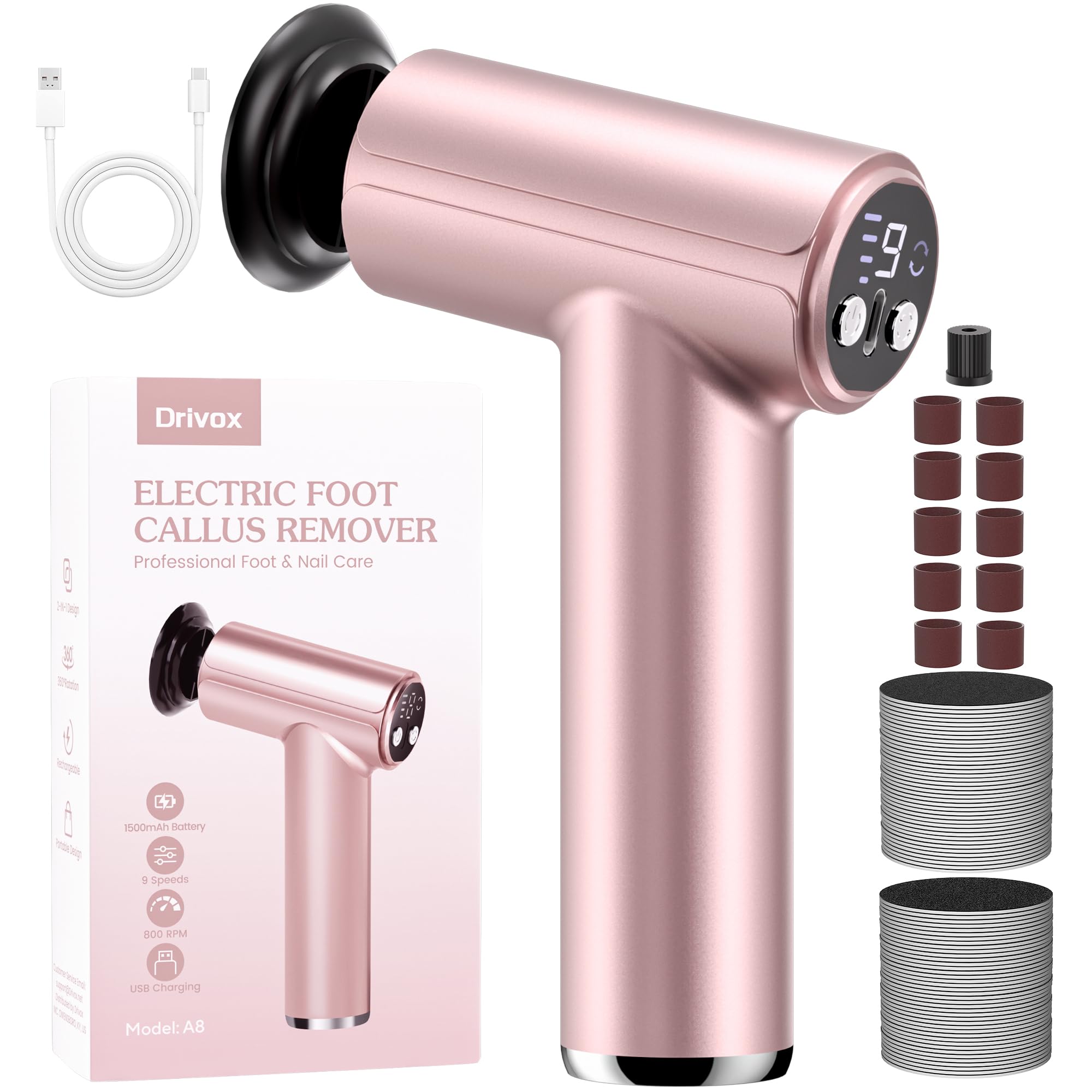 Drivox electric foot callus remover front view pink for smoother feet