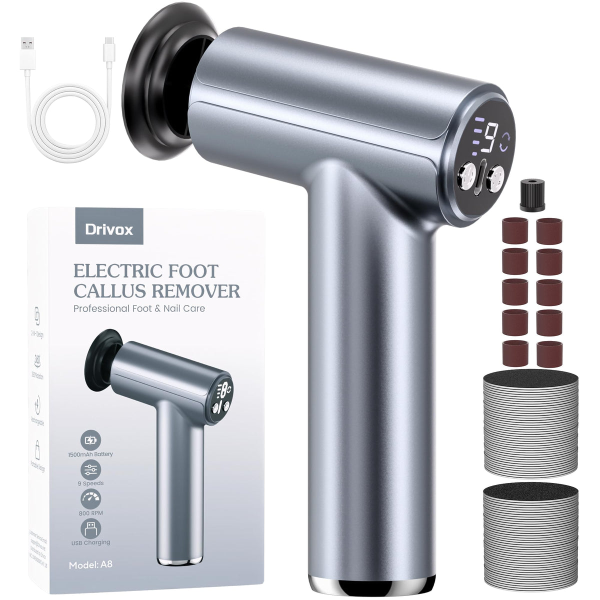Drivox electric foot callus remover held in hand for quick at-home pedicure.