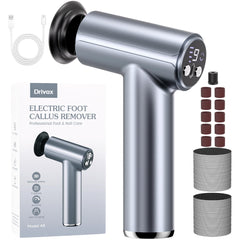 Drivox electric foot callus remover held in hand for quick at-home pedicure.