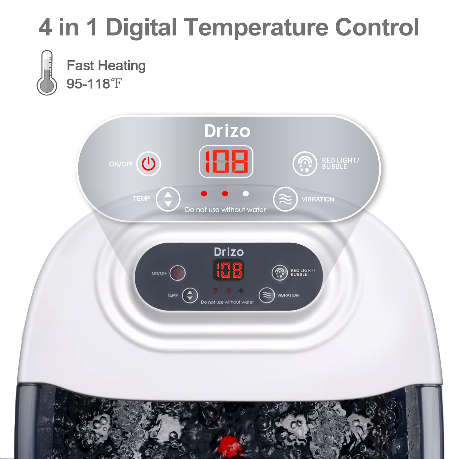 Drizo foot spa demonstrates fit for 12-inch feet, suitable for the whole family