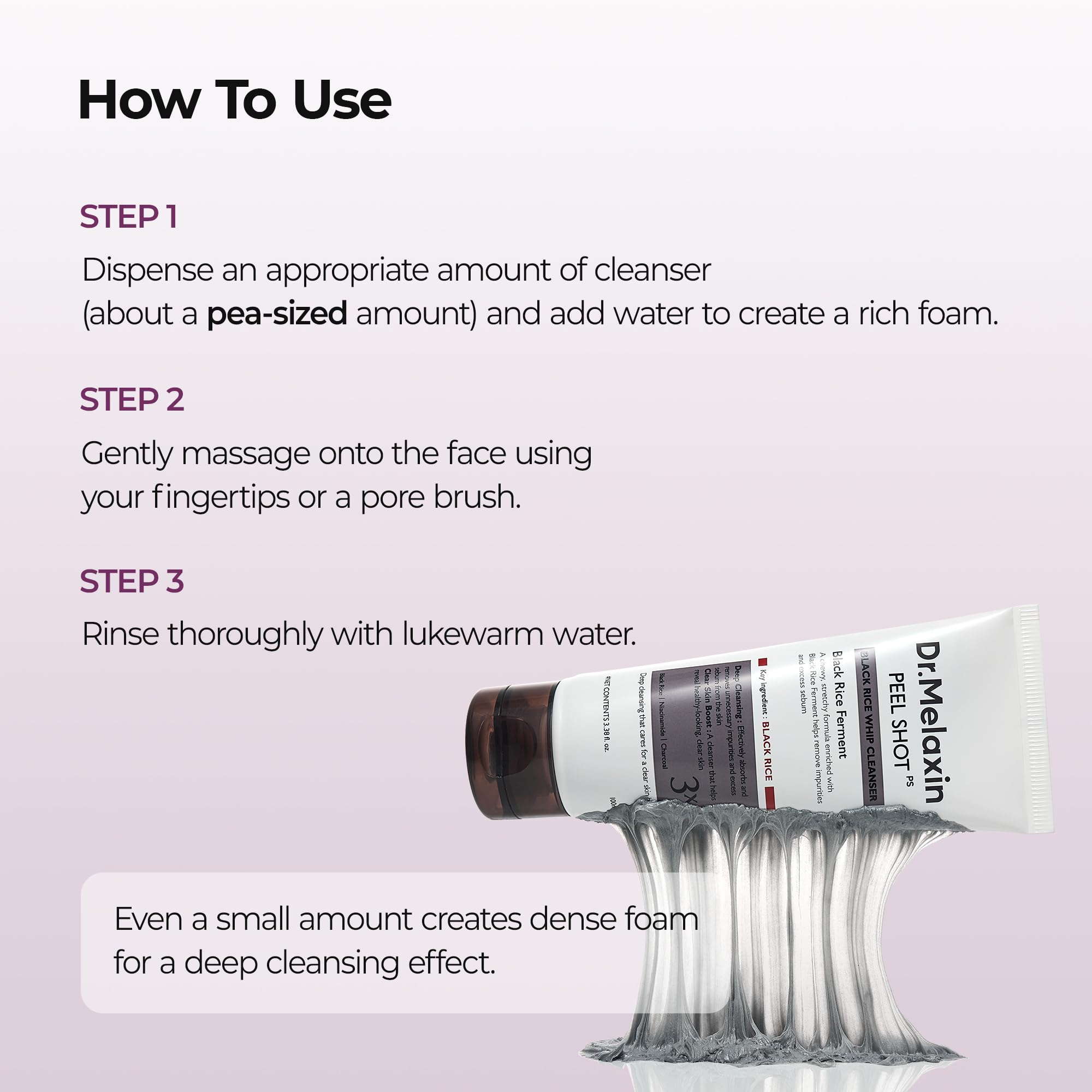 Dr.Melaxin Peel Shot tube-dispense demonstrates controlled application for cleansing.