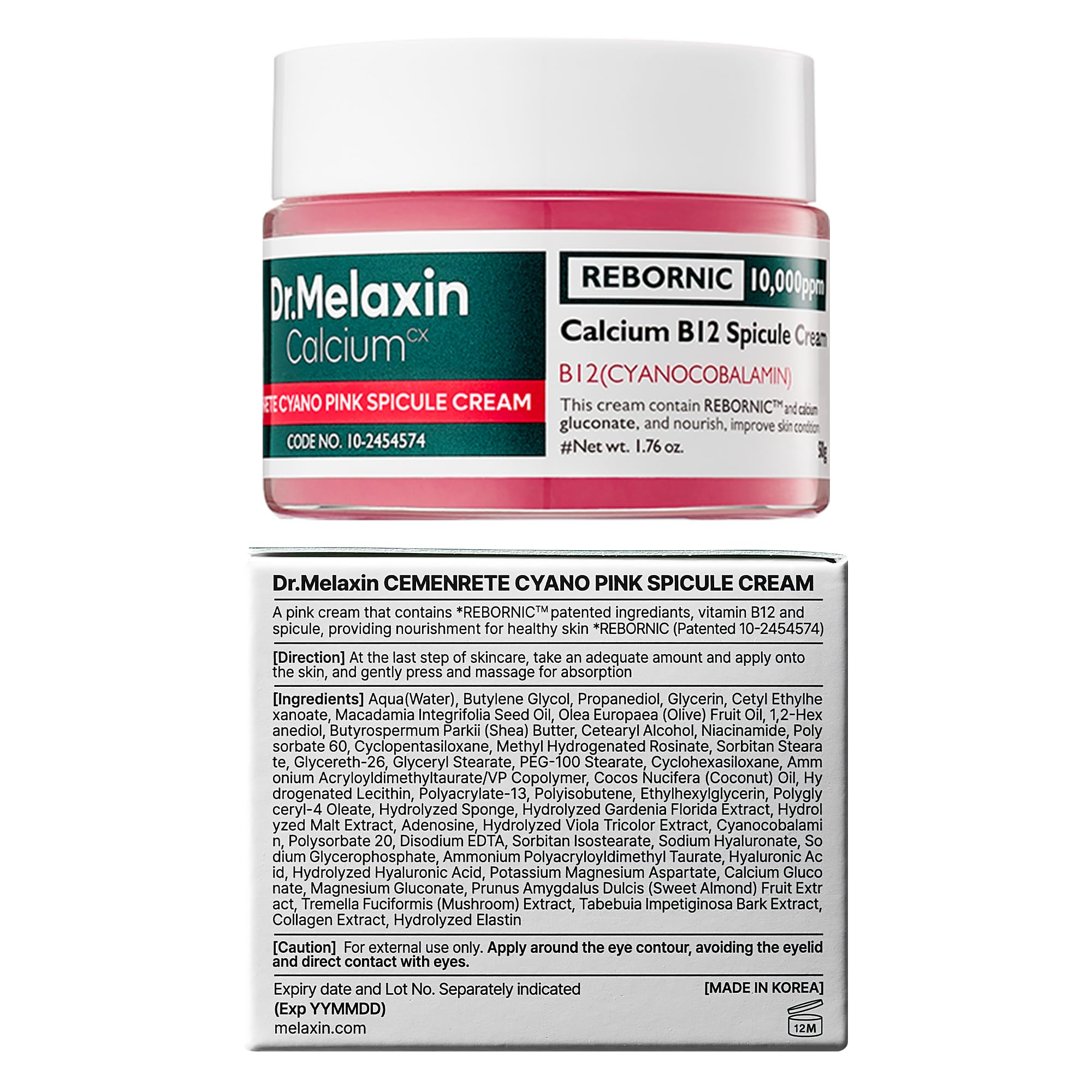 Dr.Melaxin Pink Spicule Cream product shot shows daily under-eye care routine.