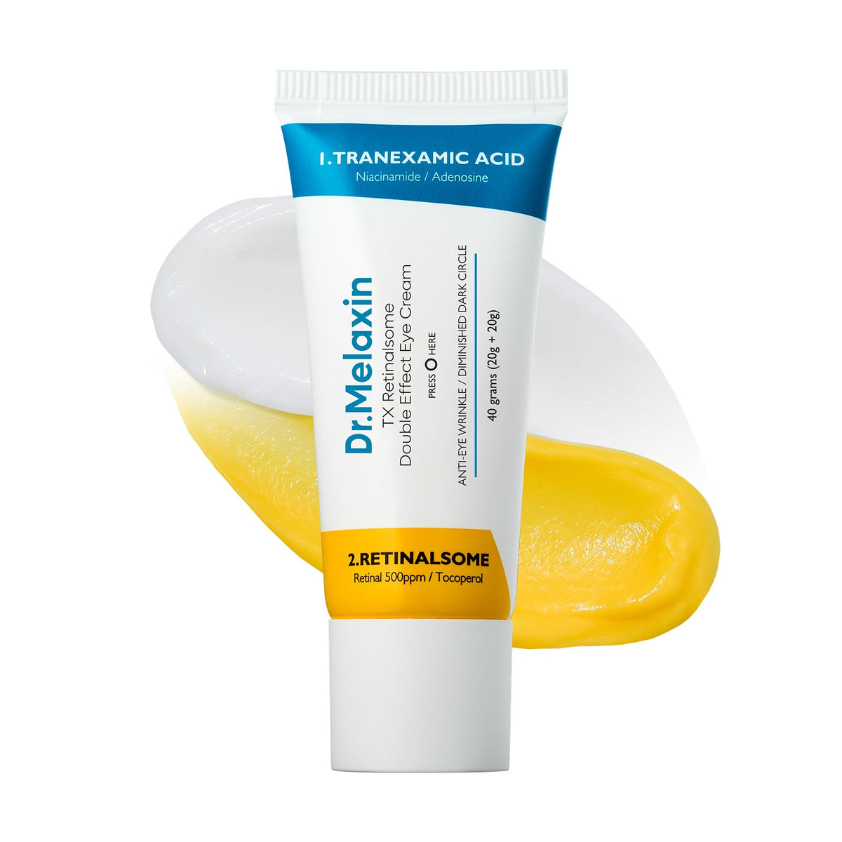 Dr.Melaxin TX eye cream dual formula bottle shows hydration and smoothing.