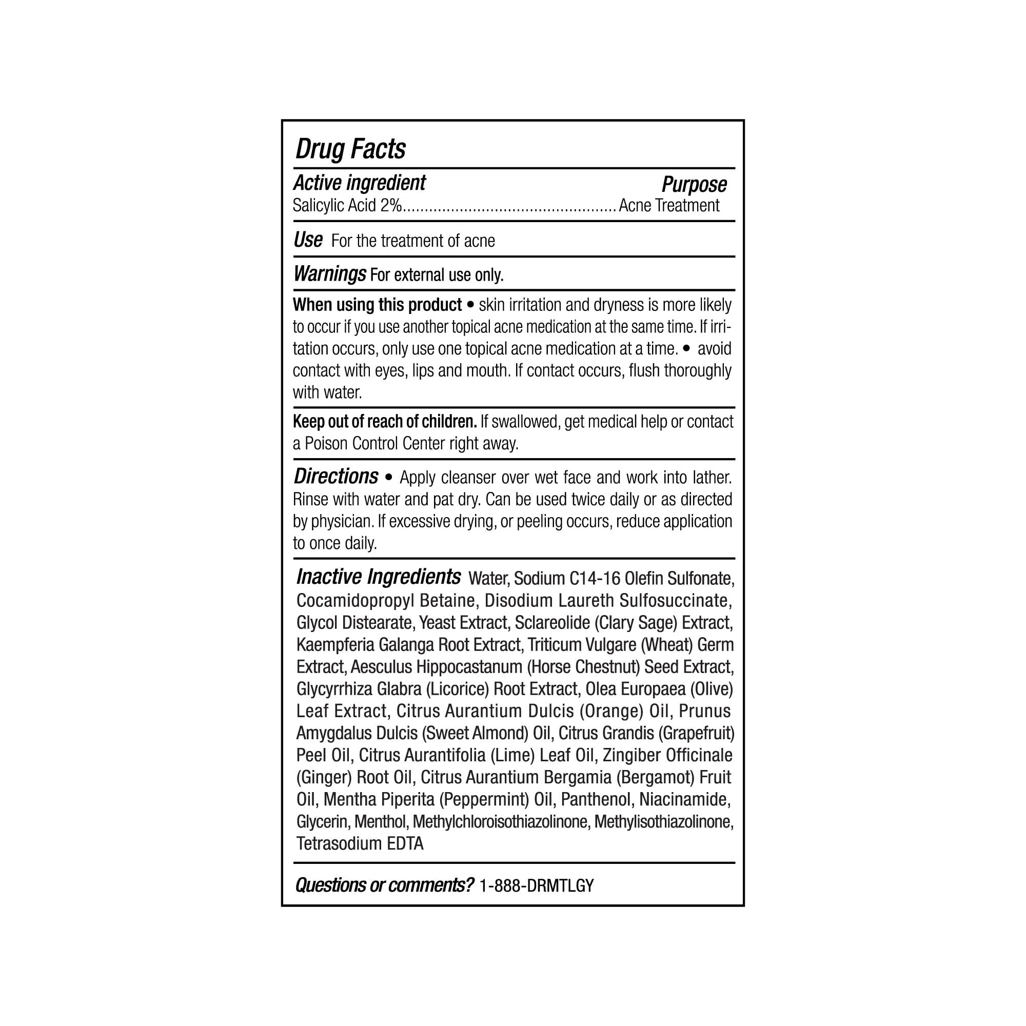 DRMTLGY Acne Cleanser packaging highlights clean ingredients