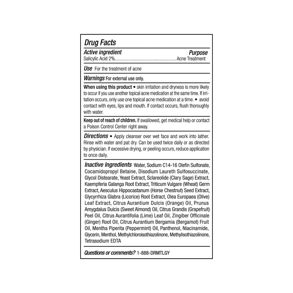 DRMTLGY Acne Cleanser packaging highlights clean ingredients