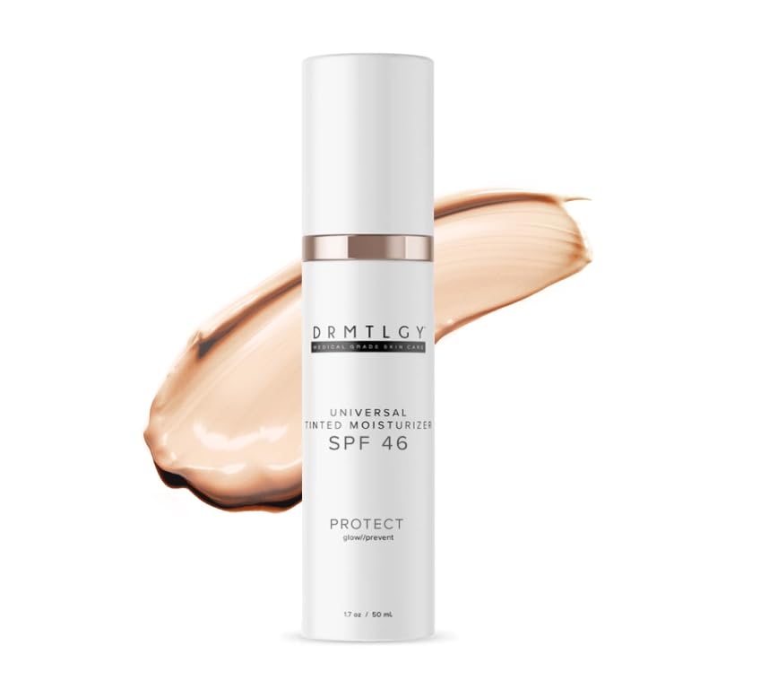 DRMTLGY tinted moisturizer bottle with SPF 46 offering everyday sun protection.