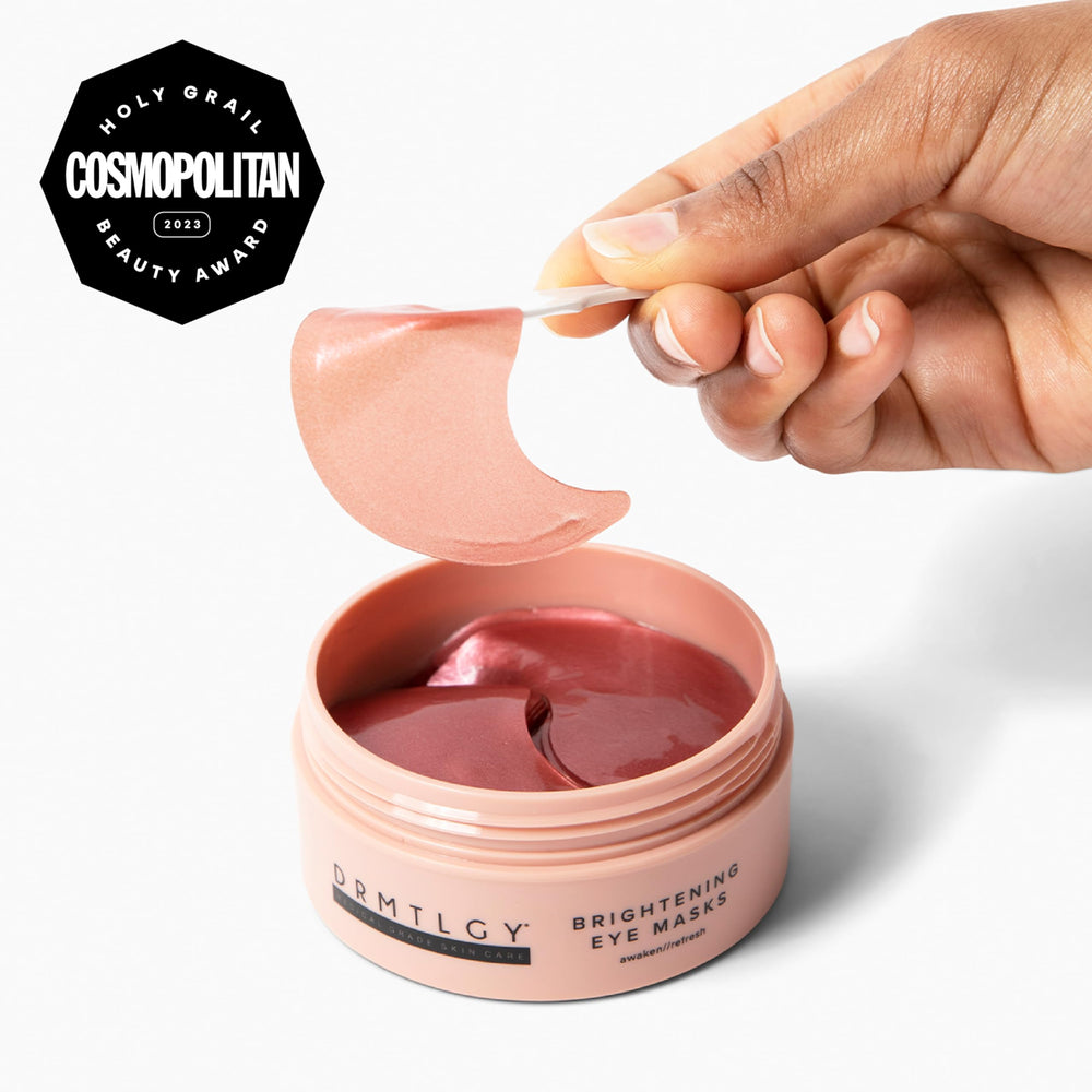 DRMTLGY Brightening Eye Masks serum-coated sheets ready for application to hydrate.