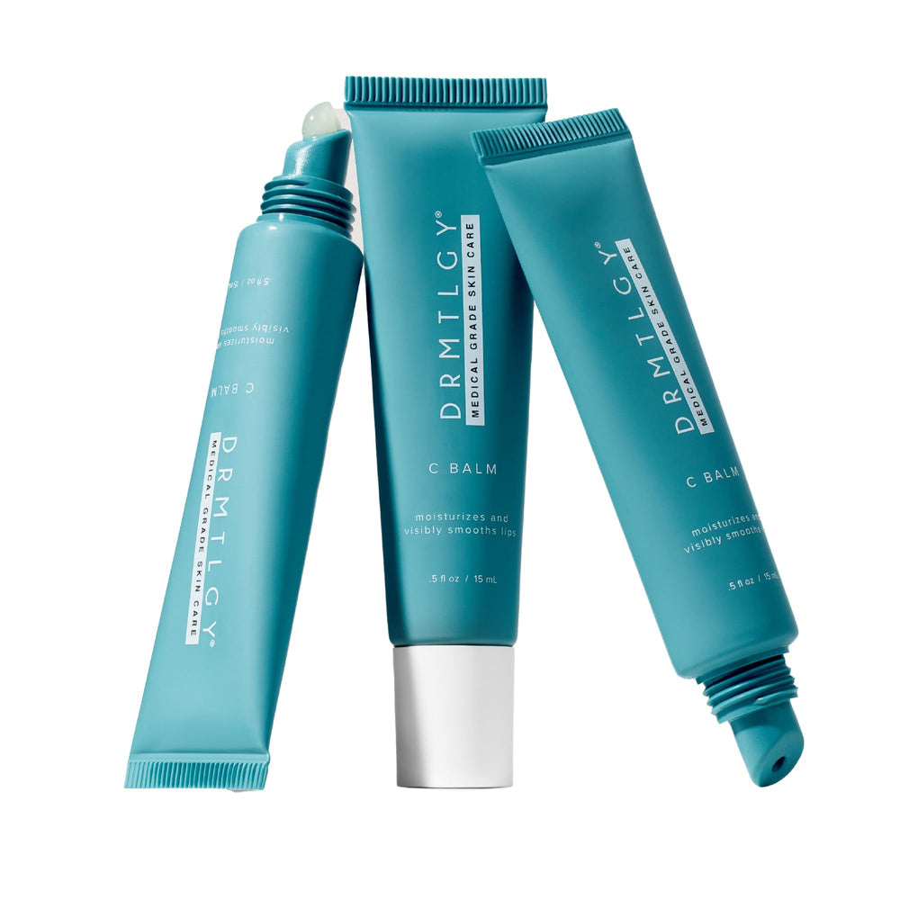 DRMTLGY C Balm plumper effect demonstrated when layered over tinted lip balm.