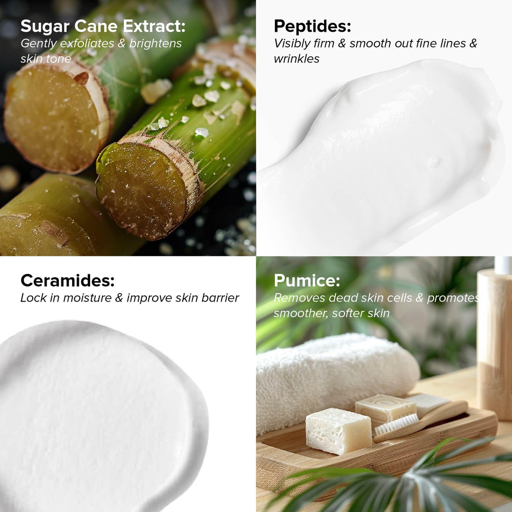 DRMTLGY exfoliating scrub texture closeup highlights non-abrasive buffing.