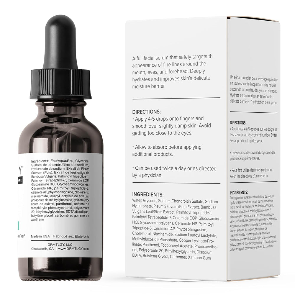 DRMTLGY Needle-less Serum made in USA badge with cruelty-free symbol.