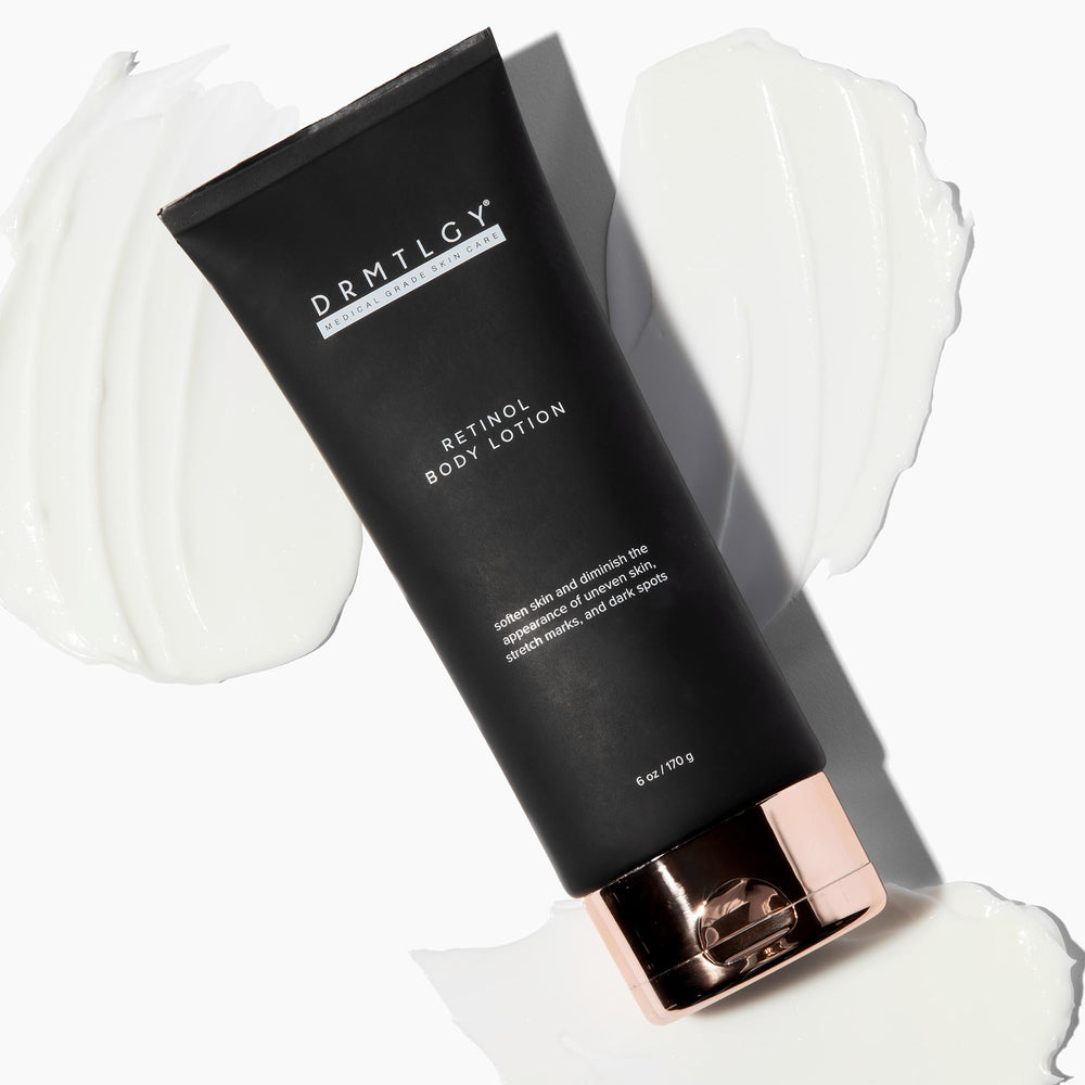 DRMTLGY retinol body lotion application demonstrates smoothing potential