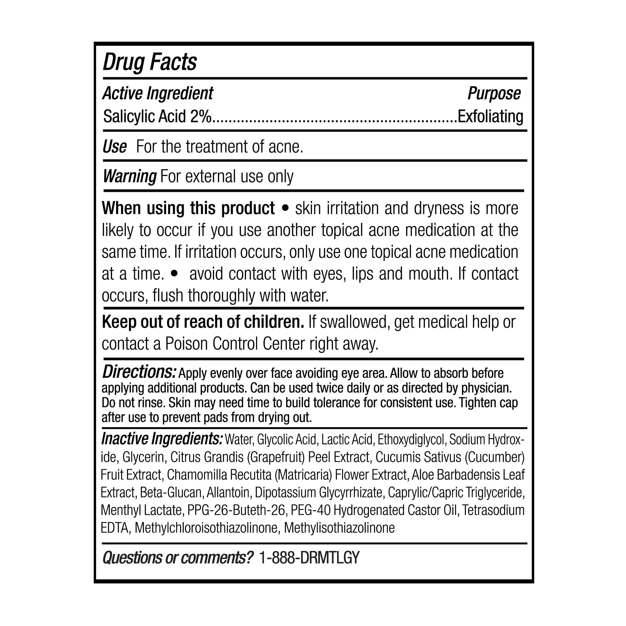 DRMTLGY Tingl Pads box back detailing ingredients and tips