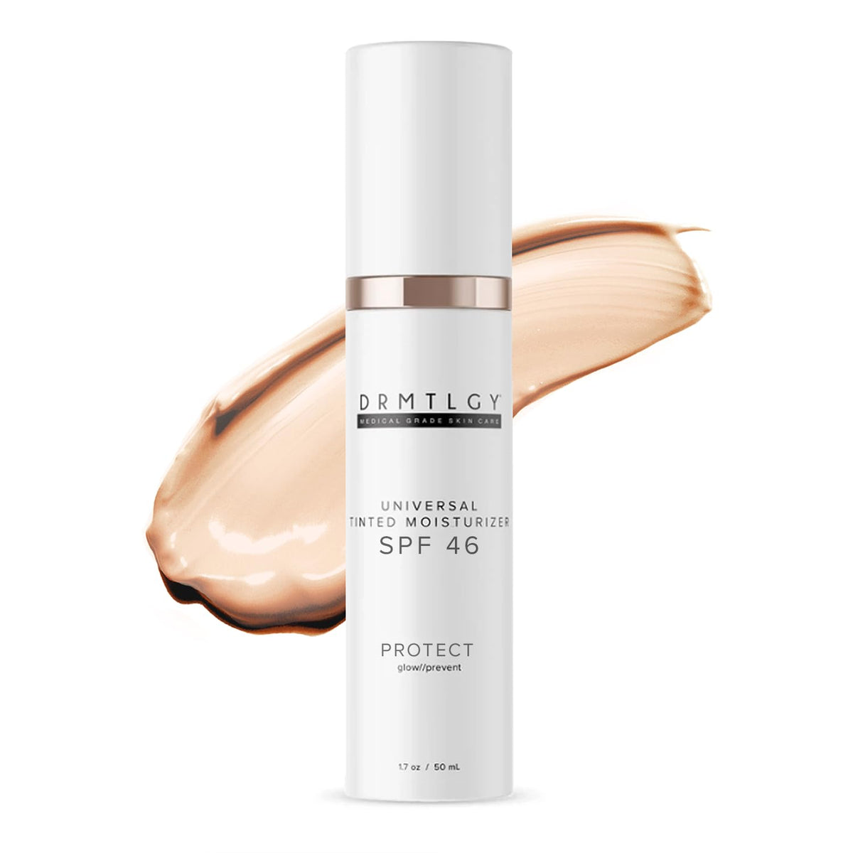 DRMTLGY tinted moisturizer bottle shows lightweight SPF 46 protection for daytime wear